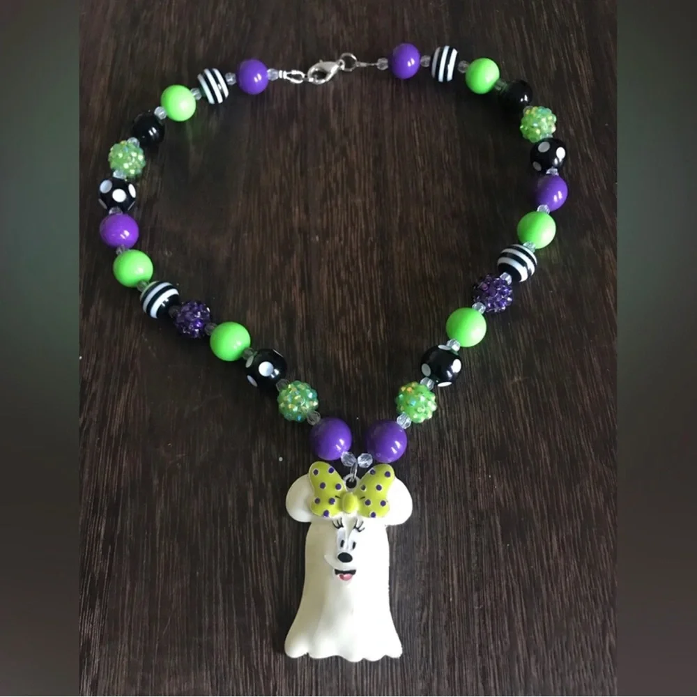 Handmade Purple & Lime Green Beaded Necklace with Ghost Pendant